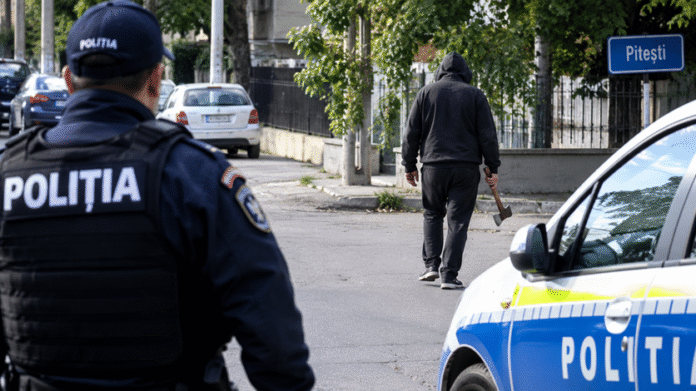 barbat cu toporul in mana pe strada