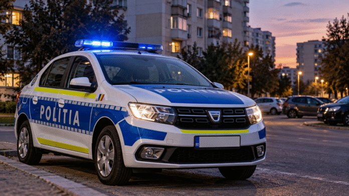 Mașină de poliție lângă blocuri